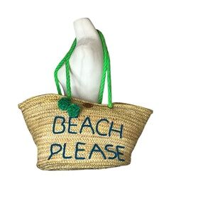 Z & L Straw “Beach Please” Tote with Green Handles